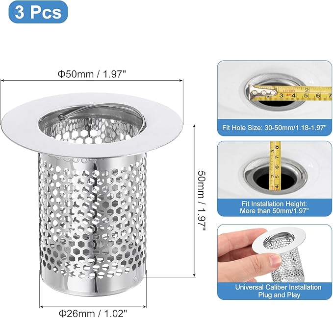 uxcell 4 Pack Shower Drain Strainer, 2" x 2" 304 Stainless Steel Floor Drain Strainer Deep Sink Hair Catcher for Kitchen Bathroom Balcony Floor Drain, Fit Hole Size from 1.1" to 2"