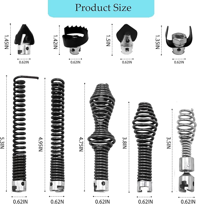 10Pcs 5/8" Drain Auger Cutter Kit - Fits R-idgid K-400 C-4 C-6 C-7 C-8 C-9 | Manganese Steel Rust-Resistant Quick-Release Drain Snake Accessory Set for 5/16" 3/8" Sewer Pipe Clog Removal