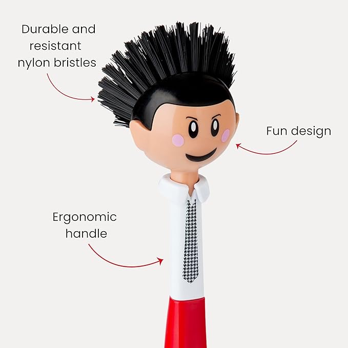 Vigar Dolls Orlando Dish Brush, Dish Brush with Handle that is Ergonomic, Kitchen Brushes for Dishes and Sink Scrub Brush for Cleaning, Red and Black