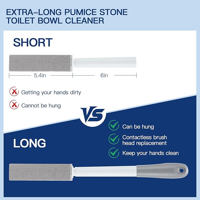 2 Pack Toilet Pumice Stone with Extra Long Handle,Pumice Stone Toilet Bowl Cleaner,1 Cleaning Handle, 4 No Touch Replaceable Piedra Pomez for Cleaning Toilets, Bathtubs, Grills, Swimming Pools, Sinks