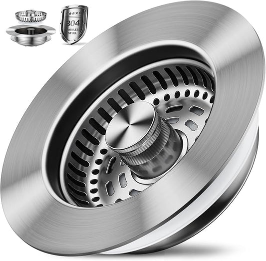 1S-Install Upgraded Kitchen Sink Strainer & Stopper – Pop-Up Fast Drain, Anti-Clog Basket & Deodorizing Cover – Fits US Standard 3.5 in Drain, 3 in 1 Stainless Steel Sink Drain Strainer