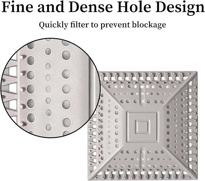 Square Silicone Shower Drain Hair Catcher - Prevents Clogs, Easy Clean & Install Bathroom Drain Cover for Shower/Tub/Sink, Fits Most Standard Drains, Grey
