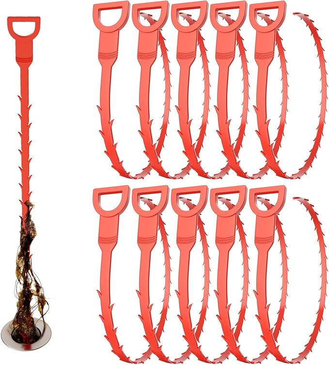10pc Drain Cleaner Spiral, 25 in Ergonomic Handle Pipe Cleaning Screws Sticks, Drain Hair Remover Plumbers Snake, Drain Cleaner Sticks, Easy and Quick Unclog Sink Drain, Kitchen, Shower, Tub