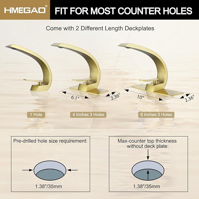 Brushed Gold Bathroom Faucet,Modern Single Hole Bathroom Sink Faucet,High Arc Brass Basin Mixer with 1 Hole or 3 Hole Mount 6-Inch 10-Inch Deckplate,Pop Up Overflow Drain Assembly Included