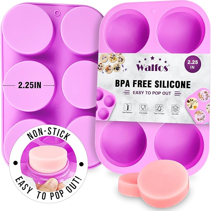Walfos Round Silicone Soap Molds,Silicone Soap Molds,BPA Free and Non-Stick Circular Soap Mold,Perfect for Soap,Candles,Cookies,Oreos,Candy,Pudding,Jello.Set of 2 (Purple)