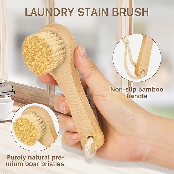 2Pack Laundry Stain Brush with 2Pack Metal Hook, Natural Soft Boar Bristle Scrubber, No Damage for Cleaning Tough Stains on Delicate Fabrics, Shoes, Cotton, Linens
