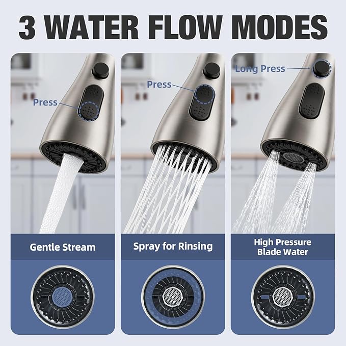 Kitchen Faucet Head Replacement, 3-Function Pull Down Spray Head with 9 Adapters, Sink Faucet Spray Head Compatible with Moen, Delta, American Standard Faucet, etc, Brushed Nickel
