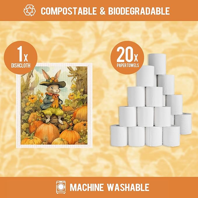 Fall Pumpkin Swedish Dishcloths for Kitchen 6 Pack Bunny Autumn Cellulose Sponge Cloths Non Scratch Reusable Paper Towels No Odor, Biodegradable and Reusable Kitchen Dish Rags