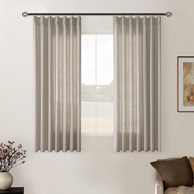 Burlywood Birch Linen Kitchen Curtains 45 Inches Long 2 Sets Basement Curtains for Small Window Pinch Pleated Back Tab Linen Blend Short Boho Semi Sheer Back Tab Cafe Drapes for Bay Windows 40x45