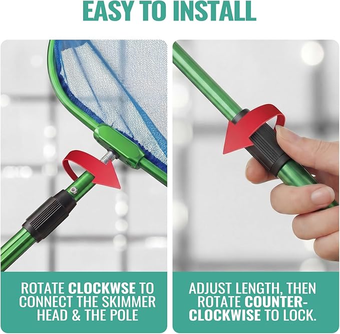 36" Hot Tub Pool Skimmer Net with Pole All-Metal Aluminum Frame & Handle for Small Above Ground Pools - Lightweight Pool Skimmer Net for Daily Leaves Bugs Removal Easy Cleaning, Metal Green