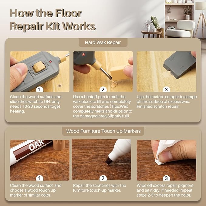 Hardwood Floor Repair Kit with Heat Pen, Laminate Vinyl Floor Repair Kit, 11 Colors Linoleum Floor Hard Wax Furniture Touch Up Marker Pen Scratches Repair Remover for Cracks,Holes,Door,Table,Cabinet