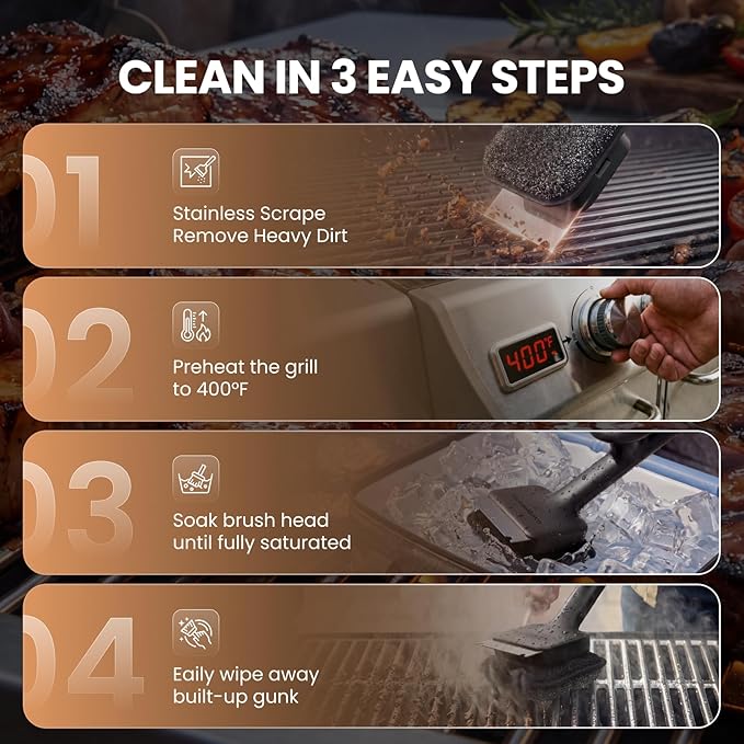 ThermoMaven Bristle-Free BBQ Grill Brush - No Wire Risk Steam Cleaner Removes Burnt Grease Fast - 17" Cool-Touch Handle, Scraper & 3 Replaceable Heads for Gas, Charcoal & Cast Iron