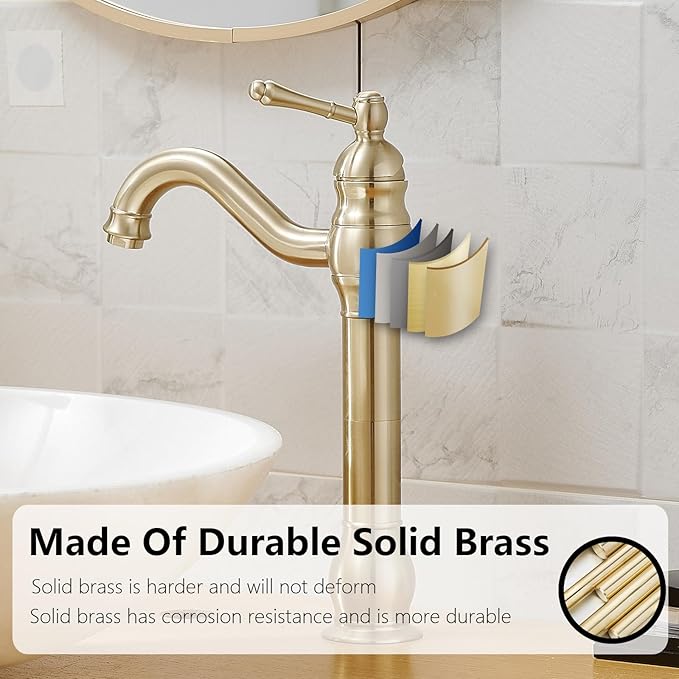 Brushed Gold Vessel Sink Faucet 360° Swivel for Bathroom Single Hole Farmhouse Tall Commercial Vanity Matching Pop Up Drain Without Overflow Mixer Tap Single Handle