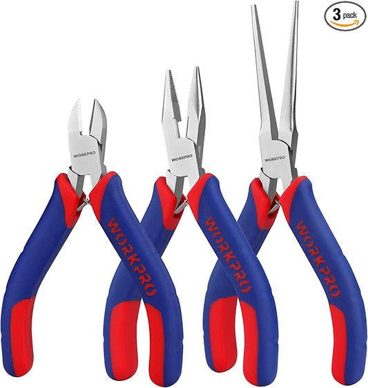 WORKPRO Mini Pliers Set, 3-Piece Small Pliers Tool Kit Includes 4” Diagonal Plier, 5” Long Nose Plier, 6” Needle Nose Plier, for Making Crafts, Repairing Electronic Devices