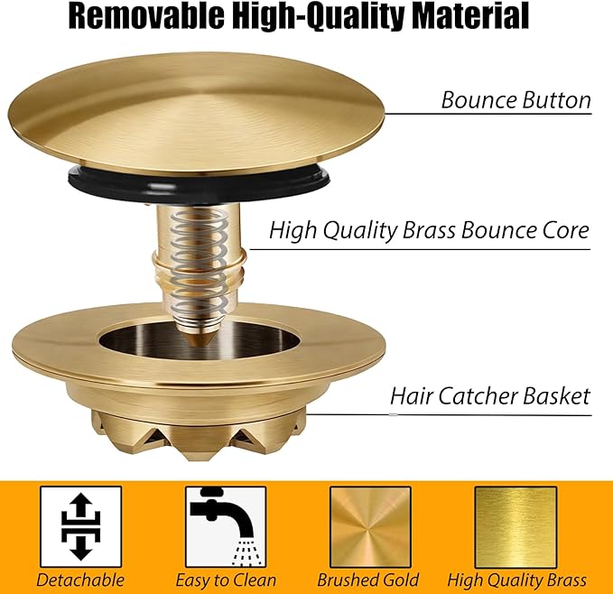 Bathtub Drain Stopper, Pop Up Tub Stopper and Cover, Bottom with Hair Catcher, Universal for 1.45 to 1.8in Drain, Replaces Old Drain Plug, Brushed Gold