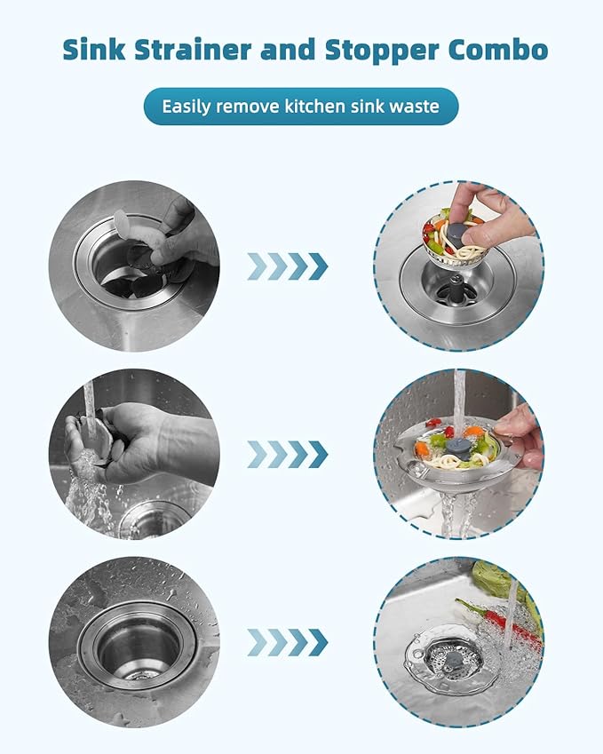 Hygie Rinse All Metal Sink Drain Strainer for Kitchen Sink Pop Up 3-in-1 Sink Stopper Drainer, 304 Stainless Steel Basket with Handle Rod for US Standard 3-1/2 inch Drain Filter, Anti-clog