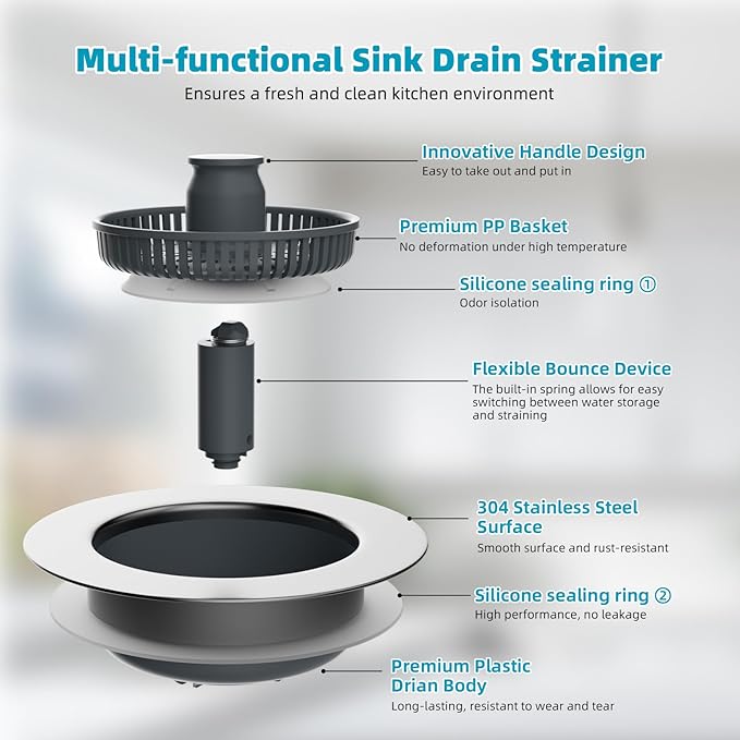 Hibbent Universal 3 in 1 Metal Kitchen Sink Drain Strainer, Upgraded Stainless Steel Drain Stopper Combo, Pop Up Sink Stopper, 3 Anti-Clogging Basket Strainers with Handle for US Standard 3-1/2" Drain