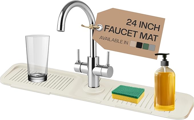 24 Inch Silicone Faucet Mat for Kitchen Sink Splash Guard & Draining Tray Sink Protector with Soap & Sponge Holder White (Purest Peak)