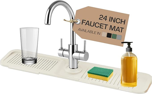 24 Inch Silicone Faucet Mat for Kitchen Sink Splash Guard & Draining Tray Sink Protector with Soap & Sponge Holder White (Purest Peak)