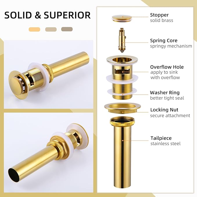 Angle Simple Sink Drain Stopper, Brass Bathroom Sink Stopper Replacement, Pop Up Drain with Overflow Hole, Deep Titanium Gold