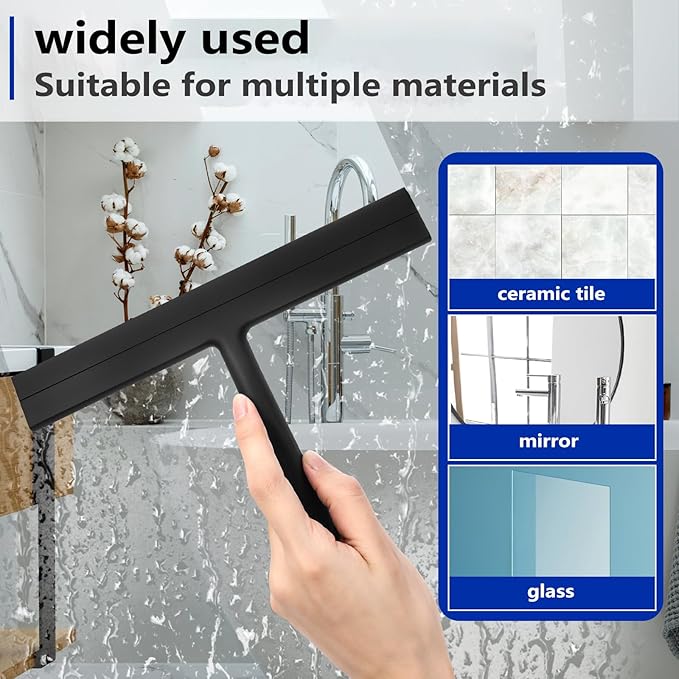 Shower Squeegee for Glass Doors and Bathroom, Stainless Steel with Silicone Blade, Window and Mirror Cleaner with No-Drill Hook, Streak-Free Cleaning Tool