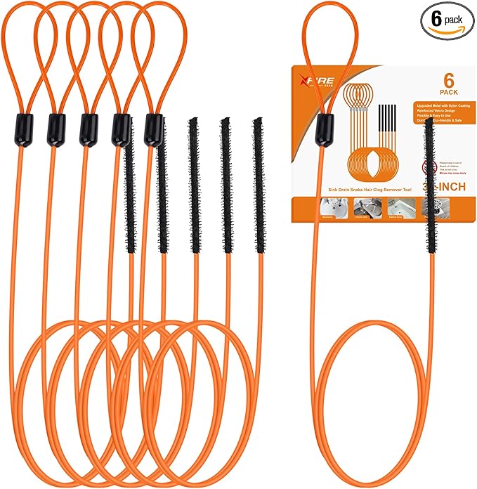 32 Inch Drain Snake, Anti-Break Metal Hair Removal Tool with Nylon Coating Sink Snake, Drain Cleaner Hair Catcher Remover for Shower, Bathroom Sink Tub(6 Pack)