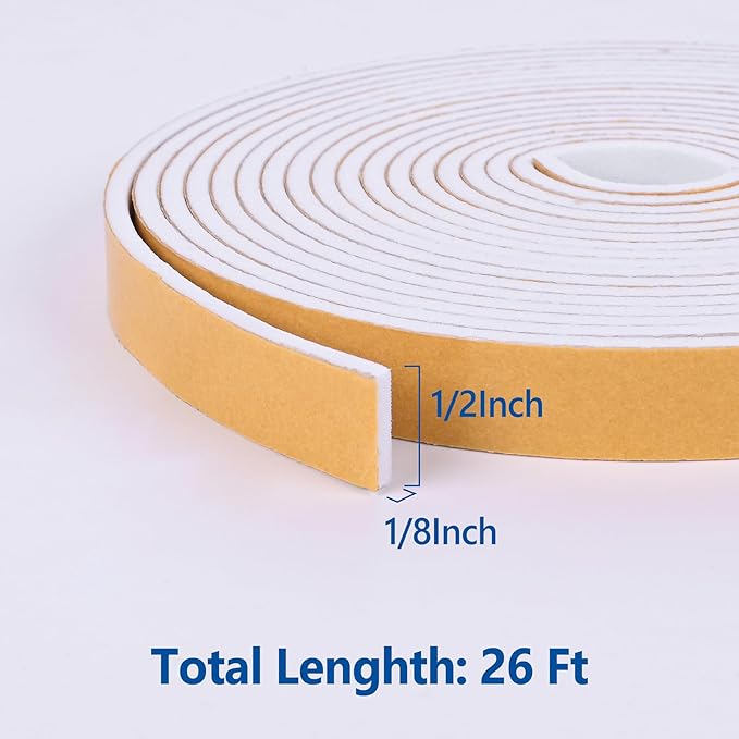 Kikerike Self Adhesive Foam Tape Weatherstrip 1/2in x 1/8in x 26Ft High Density Foam Insulation Strips Seal Weather Stripping with Strong Adhesive for Door and Window Sound Isolation Soundproofing