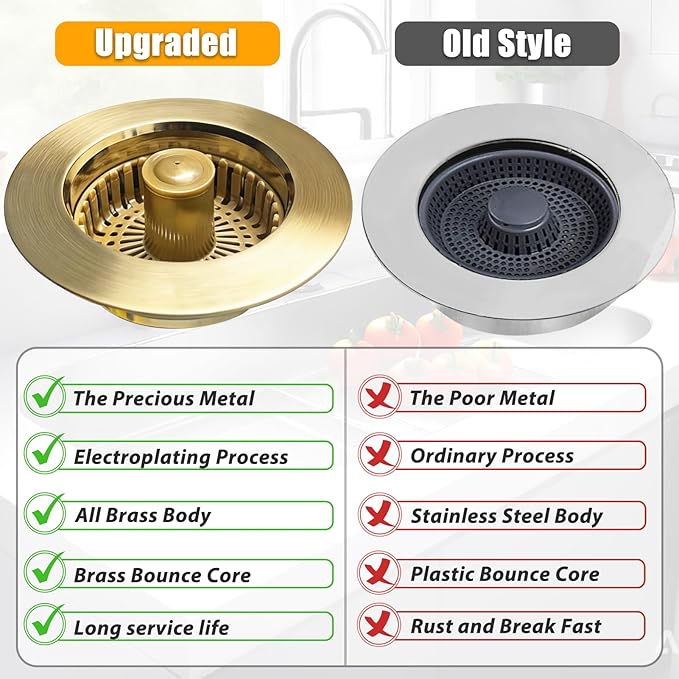 Kitchen Sink Drain Strainer, 3 in 1 Pop Up Kitchen Sink Stopper, with an Extra Basket Strainer, Universal for US Standard 3-1/2 Inch, Brushed Gold
