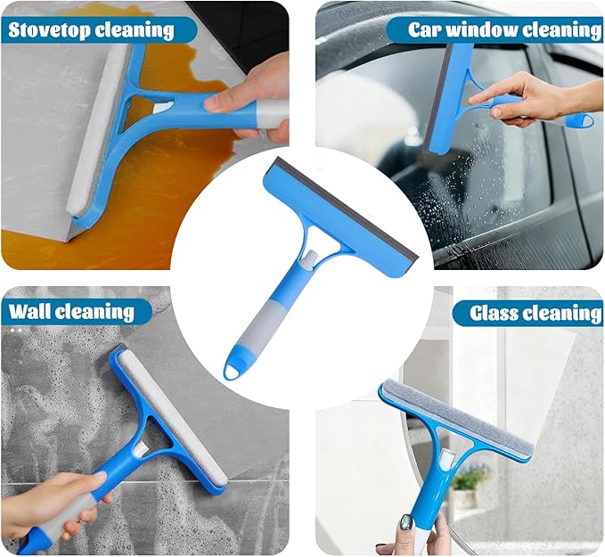 Shower Squeegee for Glass Doors,Household Window Mirror Squeegee for Bathroom Glass Tile Wall Car Spray Squeegee and Wipe Windows All-in-One(Blue)