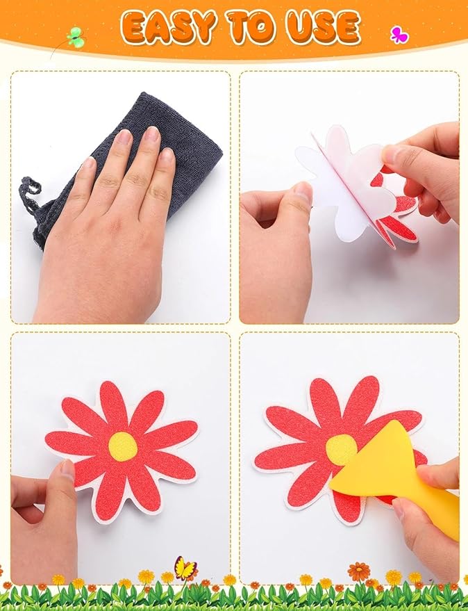 26Pcs Non Slip Bathtub Stickers, Colorful Flower Stickers with Scraper, Anti Slip Bath Tub Shower Decal with Adhesive Back for Bathroom, Shower Stairs