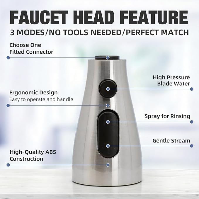 Kitchen Faucet Head Replacement, 3-Function Pull Down Spray Head with 9 Adapters, Sink Faucet Spray Head Compatible with Moen, Delta, American Standard Faucet, etc, Brushed Nickel
