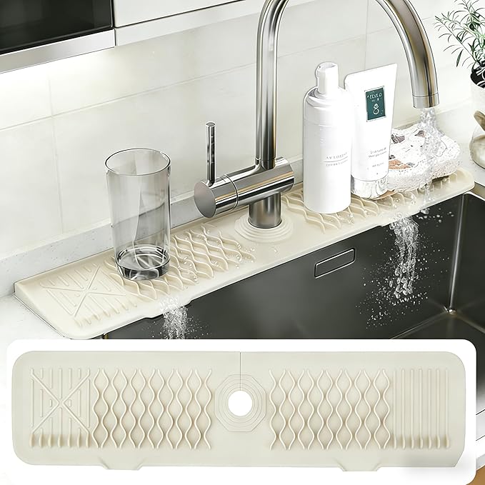 EBIGIC 24 Inch Silicone Faucet Mat for Kitchen Sink, 7° Slope Fast Self-Draining Sink Splash Guard, Kitchen Sink Water Catcher Organizer, Kitchen Sink Accessories (off-white, 24''x5.6'')