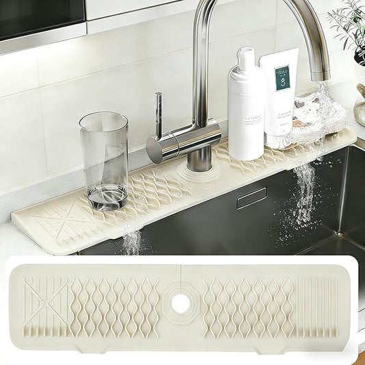 EBIGIC 24 Inch Silicone Faucet Mat for Kitchen Sink, 7° Slope Fast Self-Draining Sink Splash Guard, Kitchen Sink Water Catcher Organizer, Kitchen Sink Accessories (off-white, 24''x5.6'')