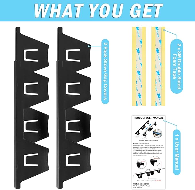 Esmorah Stainless Steel Stove Gap Covers, Oven Gap Filler Perfect for Kitchen Stove and Counter Side Guard, Heat Resistant with Easy Clean, Retractable Length 13.8" to 27.5" Black (2 Pack)