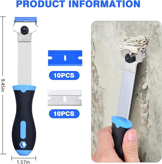 Razor Blade Scraper Tool with 20 Extra Replacement Blades (Metal & Plastic), Long Handle Scraper Tool for Cleaning Cooktop, Tile, Paint, Window Glass Scraper