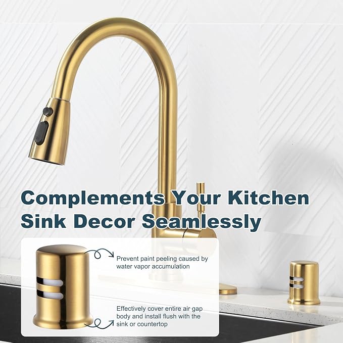 Dishwasher Air Gap Cover for Kitchen, Solid Brass Air Gap Cap with Skirted Design, Dishwasher Overflow Vent Cap Replacement Only, Brushed Gold