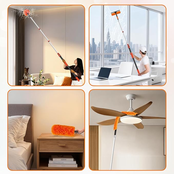 30FT High Reach Duster Cleaning Kit with 24FT Pole | 4-in-1 Tool Set with Universal Swivel Joint | High Ceiling Fan Cleaner, Microfiber Duster & Window Squeegee for Safe High-Reach Cleaning