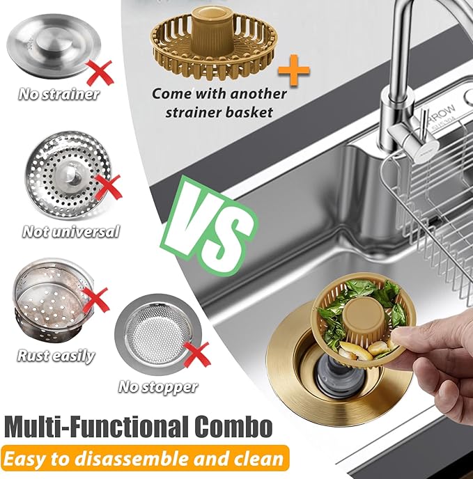 Kitchen Sink Drain Strainer, 3 in 1 Pop Up Kitchen Sink Stopper, with an Extra Basket Strainer, Universal for US Standard 3-1/2 Inch, Brushed Gold