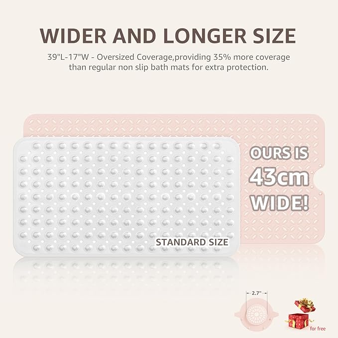 OTHWAY Bath Mat for Tub Non Slip: 39" X 17" Long Bathtub Mat with Hair Catcher│Big Drain Holes Shower Mats for Inside Shower│Machine Washable (Pink)