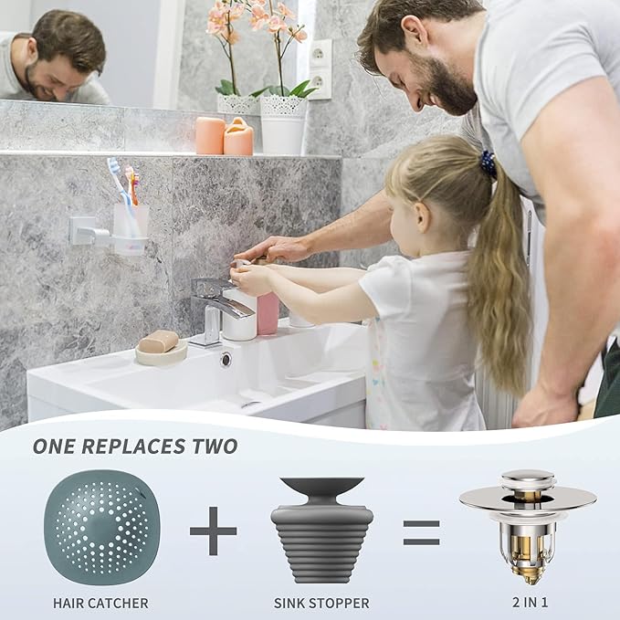 Universal 2 in 1 Bathroom Sink Stopper, Pop Up Bathroom Sink Drain Strainer with Anti-Clogging Filter Basket, Bathroom Drain Stopper Sink Plug for 1.06"-1.65" Basin Drain Holes, Brushed Nickel