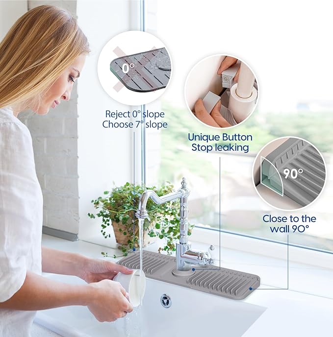 17.7 Inch Silicone Faucet Mat for Kitchen Sink Splash Guard - 7° Slope Upgraded Water Draining Mat with Fasten Button for Bathroom Area (Gray, 17.7''x5.5'')