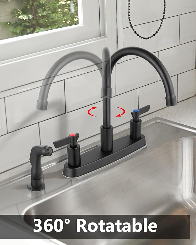 Kitchen Faucet with Sprayer 2 Handle Kitchen Sink Faucets 8 Inch Centerset 3 Hole with Supply Lines Matte Black