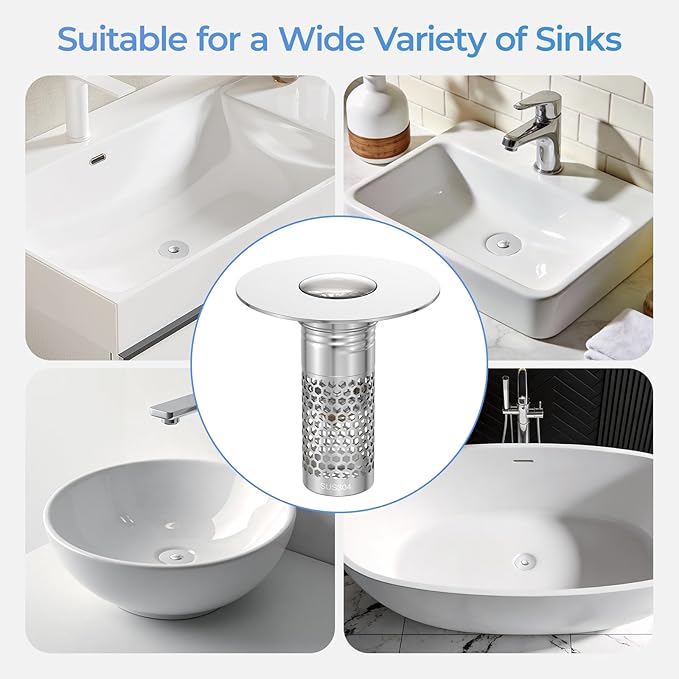2 Pack Pop Up Bathroom Sink Drain Stoppers, Removable Sink Drain Strainer Stopper Hair Catcher with Stainless Steel Anti-Clog Filter Basket for Sinks and Drains 1.06-1.5 Inch