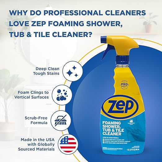 Zep Foaming Shower Tub and Tile Cleaner - 32 oz (Case of 4) ZUPFTT324 - No Scrub Formula, Breaks up Tough Buildup on Contact