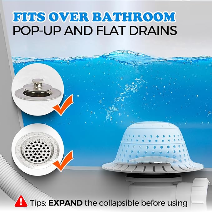 zaa Bathtub Drain Hair Catcher, Silicone Collapsible 3 Pack Drain Protector for Pop-Up and Regular Drains of Shower, Bathtub, Tub, Bathroom, Sink, Black Grey Blue
