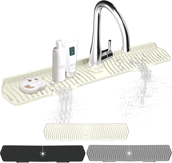 Kitchen Sink Splash Guard Gen2-30" x 6'' Silicone Sink Mat Splash Guard fit for Countertop, Bathroom,Farmhouse,RV by EBIGIC (off white)