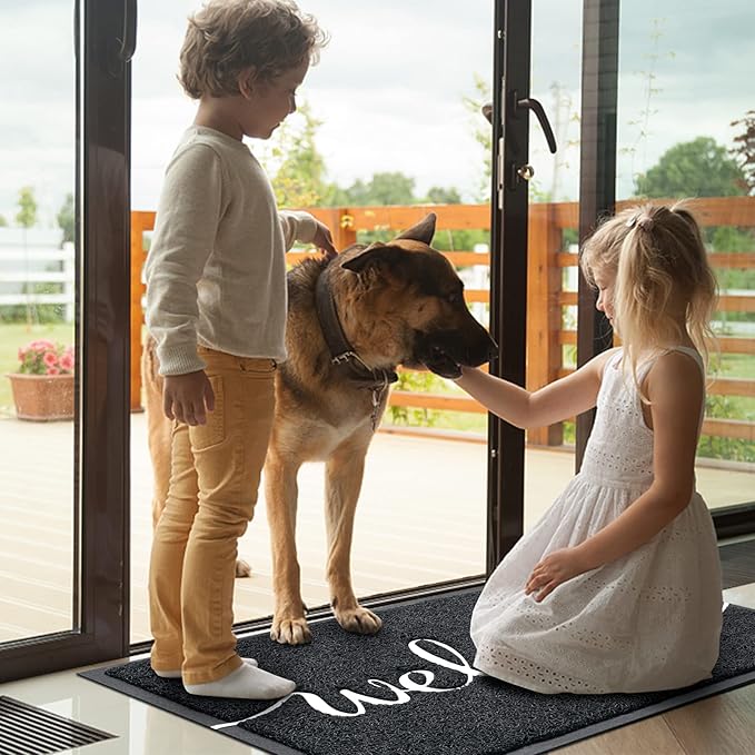 Door Mat, Welcome Mat Low Profile Floor Mat Front Doormat Indoor and Outdoor Doormat Non Slip Rugs for Entryway, Patio, High Traffic Areas (30"x17.5", Black-Welcome)