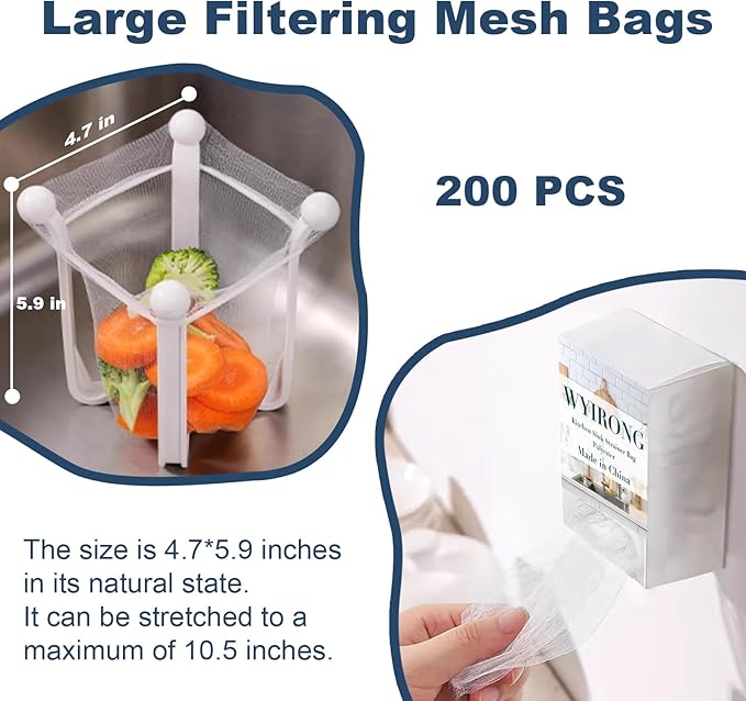 200 PCS Large Kitchen Disposable Mesh Sink Strainer Bag for Meshmate Waste Rack, Sink Strainer Elastic Anti-Clogging Sink Drain Strainer Collecting Kitchen Food Waste Garbage
