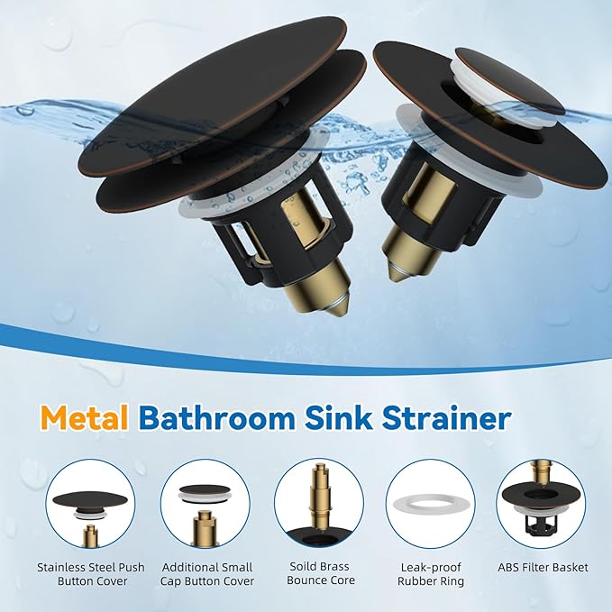 Universal Bathroom Sink Stopper, Metal Pop Up Sink Drain Strainer with Hair Catcher, Fit 1.1"-2.36" US Basin, Wash Basin Drain Plug, Big/Small Cover Cap, Brass Bounce Core, Oil Rubbed Bronze