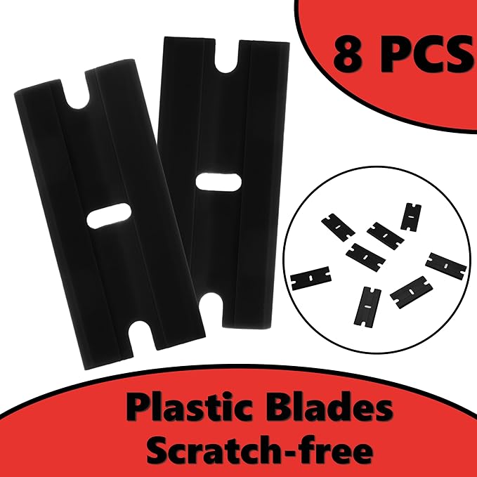 2 Pack Non-Scratch Plastic Scrapers, 8 Replacement Razor Blades, House & Car Cleaning Tool for Glass, Cooktop, Oven, Stove, Remove Stain, Paint, Glue (black red)